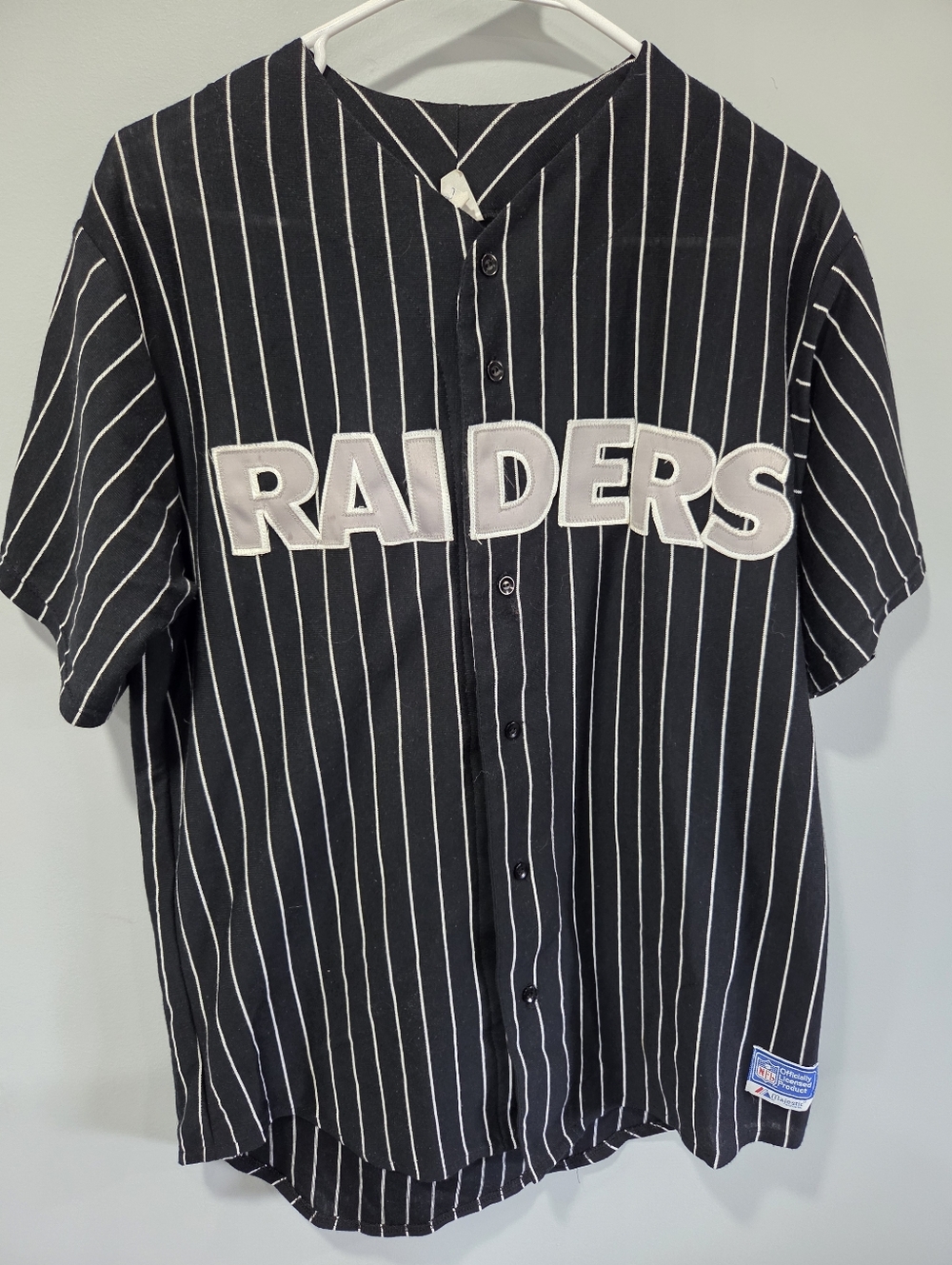 Vintage Majestic Los Angeles Raiders Baseball Jersey Mens L Pinstripe 90s NFL